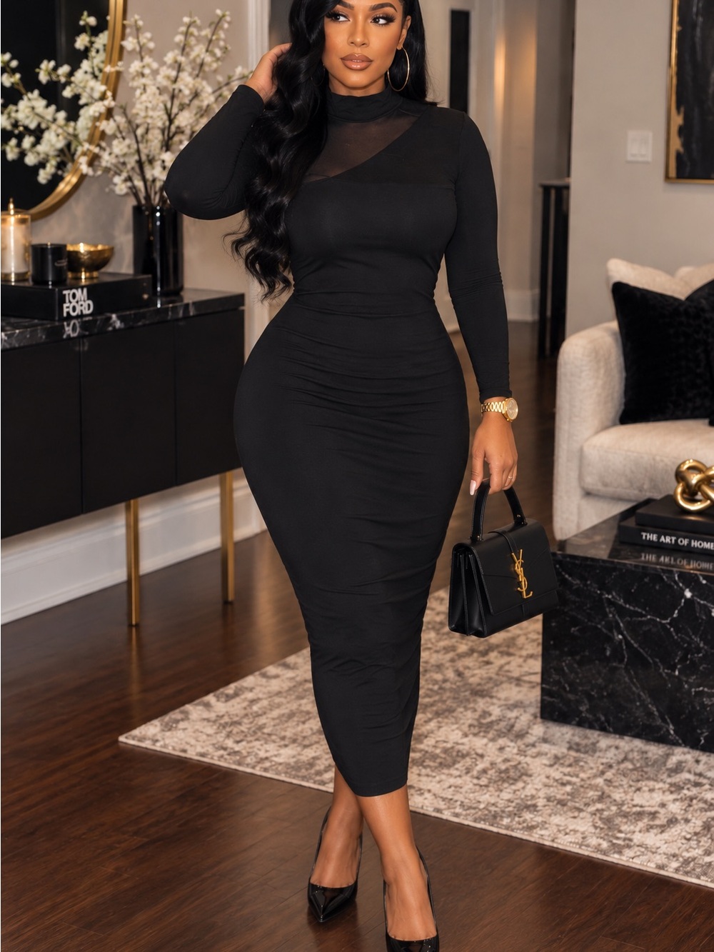 Black Long-Sleeve Mesh Accent Bodycon Midi Dress